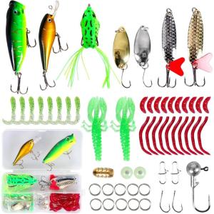 imageFishing Lures Kit for Freshwater Bait Tackle Kit for Bass Trout Salmon Fishing Accessories Tackle Box Including Spoon Lures Soft Plastic WormsFishing Lures kit 56 pcs