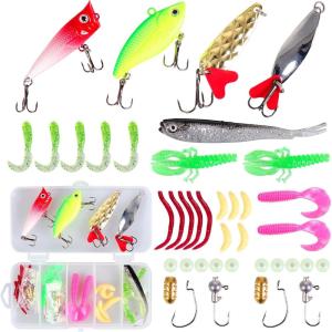 imageFishing Lures Kit for Freshwater Bait Tackle Kit for Bass Trout Salmon Fishing Accessories Tackle Box Including Spoon Lures Soft Plastic WormsFishing Lures Kit 33 Pcs